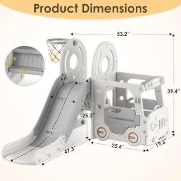 BIERUM 4 in 1 Toddler Slide, Kid Slide for Toddlers Age 1-3, Bus Themed Baby Slide with Basketball Hoop, Indoor Outdoor Slide Toddler Playset Toddler Playground Beige Gray