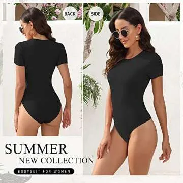 BALENNZ Women's 5 Pack Short Sleeve Round Neck Bodysuit Tops Crew Neck Basic Casual Stretchy Tshirt ...