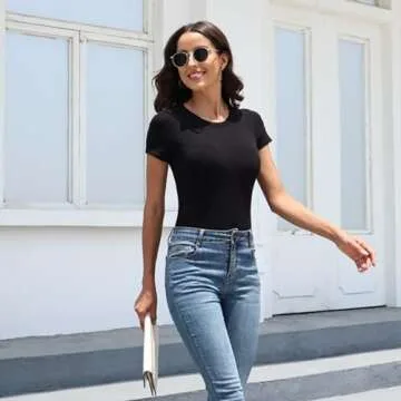 BALENNZ Women's 5 Pack Short Sleeve Round Neck Bodysuit Tops Crew Neck Basic Casual Stretchy Tshirt Bodysuits Small