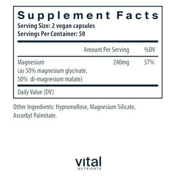 Vital Nutrients Magnesium Glycinate + Malate | 120mg Vegan Magnesium Supplement for Women and Men | ...