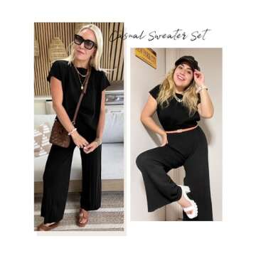 Aedceal Women's Sweater Set 2 Piece Lounge Set Knit Pullover Tops Vest High Waisted Pants Outfits(Bl...