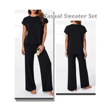 Aedceal Women's Sweater Set 2 Piece Lounge Set Knit Pullover Tops Vest High Waisted Pants Outfits(Black-M)