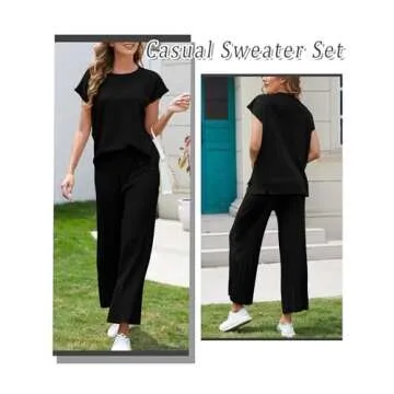 Aedceal Women's Sweater Set 2 Piece Lounge Set Knit Pullover Tops Vest High Waisted Pants Outfits(Black-M)