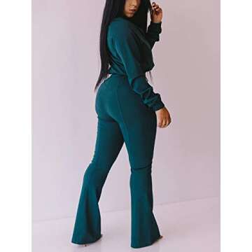 Womens Tracksuits Two Piece Outfits - Casual Zip Sweatshirts + Bell Bottom Flared Pants Sweatsuit Fashion Lounge Set Jumpsuits