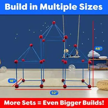 Power Your Fun Fun Forts Kids Tent for Kids - 81 Pieces Fort Building STEM Toys Kit, Construction Toys Play Tent Indoor and Outdoor Playhouse for Kids with 53 Rods and 28 Spheres (Red, Blue) 1 Pack