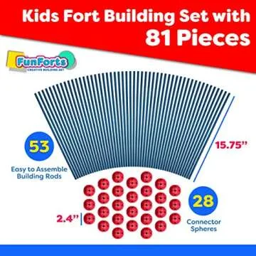 Power Your Fun Fun Forts Kids Tent for Kids - 81 Pieces Fort Building STEM Toys Kit, Construction Toys Play Tent Indoor and Outdoor Playhouse for Kids with 53 Rods and 28 Spheres (Red, Blue) 1 Pack