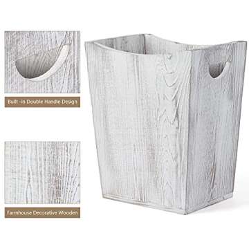 SEHERTIWY Wood Trash Can, Farmhouse Wastebasket Bin for Bathroom, Office, Bedroom, Living Room, Small Square Rustic Garbage Container (Wood-White)