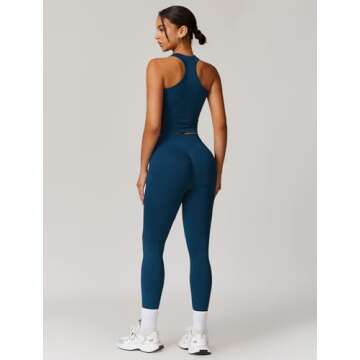 ABOCIW Workout Sets for Women, Ribbed Racerback Tank Top Bra Seamless Scrunch Butt Lifting High Waist Leggings 2 Piece Gym Yoga Outfits Tan Navy Blue Large