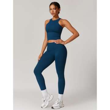 ABOCIW Workout Sets for Women, Ribbed Racerback Tank Top Bra Seamless Scrunch Butt Lifting High Waist Leggings 2 Piece Gym Yoga Outfits Tan Navy Blue Large