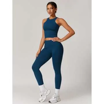 ABOCIW Workout Sets for Women, Ribbed Racerback Tank Top Bra Seamless Scrunch Butt Lifting High Waist Leggings 2 Piece Gym Yoga Outfits Tan Navy Blue Large