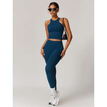 ABOCIW Workout Sets for Women, Ribbed Racerback Tank Top Bra Seamless Scrunch Butt Lifting High Waist Leggings 2 Piece Gym Yoga Outfits Tan Navy Blue Large