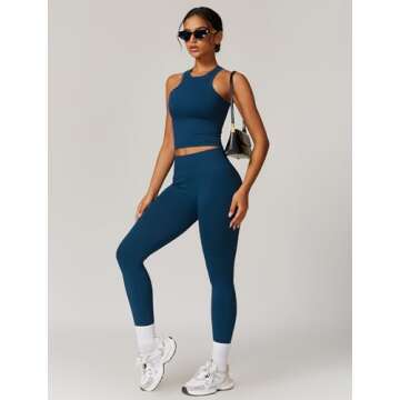 ABOCIW Workout Sets for Women, Ribbed Racerback Tank Top Bra Seamless Scrunch Butt Lifting High Waist Leggings 2 Piece Gym Yoga Outfits Tan Navy Blue Large