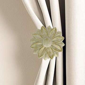 MERIVILLE Set of 2 Blossom Window Drapery Medallion Holdbacks, Curtain Tiebacks, Wall Hook, Tassel H...