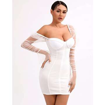 L'VOW Sexy See-Through Mesh Sheer Puff Long Sleeve Club Dress Bodycon Party Clubwear for Women (White, M)