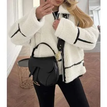 Tankaneo Womens Faux Fur Jackets Winter Trendy Sherpa Moto Leather Patchwork Zip Up Coat