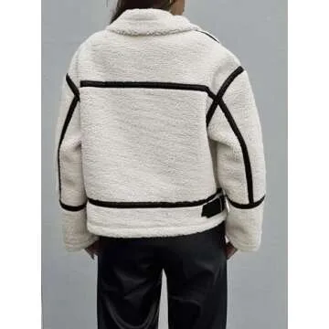 Tankaneo Womens Faux Fur Jackets Winter Trendy Sherpa Moto Leather Patchwork Zip Up Coat