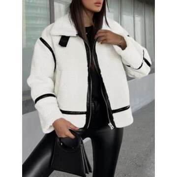 Tankaneo Womens Faux Fur Jackets Winter Trendy Sherpa Moto Leather Patchwork Zip Up Coat