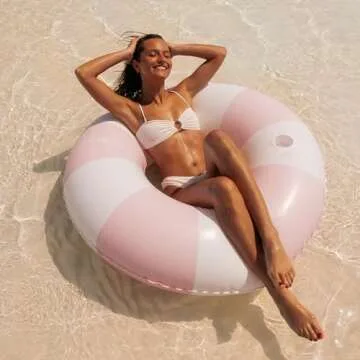 FUNBOY Giant Vintage Dusty Pink Stripe 48'' Tube Float with Integrated Cup Holder, Perfect for a Summer Pool Party, Large