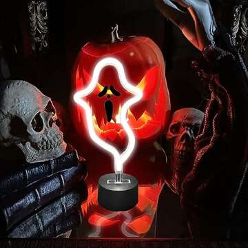 Halloween Ghost Neon Sign, Halloween Decoration LED Ghost Neon Light Sign with Base, Ghost Shape Lamp with Battery or USB Powered for Halloween Part Bar Room Décor