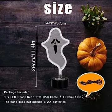 Halloween Ghost Neon Sign, Halloween Decoration LED Ghost Neon Light Sign with Base, Ghost Shape Lamp with Battery or USB Powered for Halloween Part Bar Room Décor