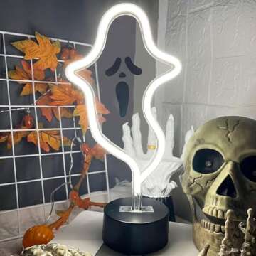 Halloween Ghost Neon Sign, Halloween Decoration LED Ghost Neon Light Sign with Base, Ghost Shape Lamp with Battery or USB Powered for Halloween Part Bar Room Décor