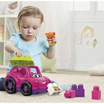 Mega BLOKS First Builders Toddler Building Blocks Toy Set, Catie Convertible with 6 Pieces and Storage, 1 Figure, Pink, Ages 1+ Years