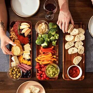 Solid Acacia Wood Serving Trays - Rectangular Wooden Serving Platters for Home Decor, Food, Vegetables, Fruit, Charcuterie, Appetizer Serving Tray, Cheese Board (Set of 3 Plates)