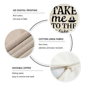 FBCOO Life is Better at The Lake House Decorative 18x18 Throw Pillow Cover Set of 4, Lakehouse Retro Paddle Boat Decoration, Summer Farmhouse Pillowcase Cushion Case Home Decor for Sofa Couch