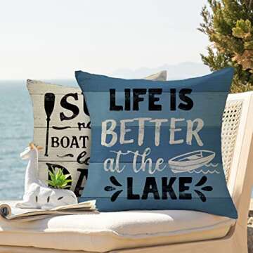 FBCOO Life is Better at The Lake House Decorative 18x18 Throw Pillow Cover Set of 4, Lakehouse Retro Paddle Boat Decoration, Summer Farmhouse Pillowcase Cushion Case Home Decor for Sofa Couch