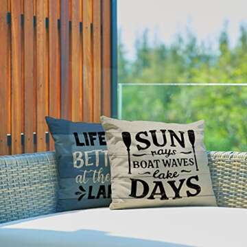 FBCOO Life is Better at The Lake House Decorative 18x18 Throw Pillow Cover Set of 4, Lakehouse Retro Paddle Boat Decoration, Summer Farmhouse Pillowcase Cushion Case Home Decor for Sofa Couch