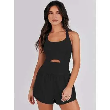 ANRABESS Women Rompers Running Exercise Workout Set One Piece Jumpsuits Gym Yoga Outfits 2025 Summer Active Wear Clothes Black Small