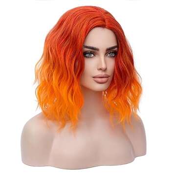 MAGQOO Orange Flame Fire Wig Side Part Short Curly Wavy Hair Wigs Synthetic Heat Resistant Cosplay C...