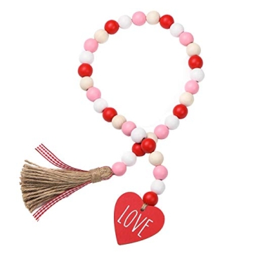 Valentine’s Day Wood Bead Garland with Tassels and Love Heart Shaped Wooden Embellishments Rustic ...