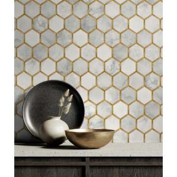 NextWall Inlay Faux Hexagon Geometric Peel and Stick Wallpaper (Alaska Grey & Gold)