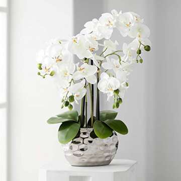 Dahlia Studios Potted Faux Artificial Flowers Arrangements Realistic White Phalaenopsis Orchid in Si...
