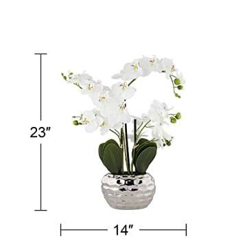 Dahlia Studios Potted Faux Artificial Flowers Arrangements Realistic White Phalaenopsis Orchid in Silver Pot Home Decoration Living Room Office Bedroom Bathroom Kitchen Dining Room 23" High