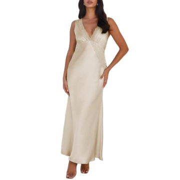 BAGONE Summer Satin Lace V Neck Backless Wedding Guest Maxi Dresses for Women 2024 Elegant Sleeveles...