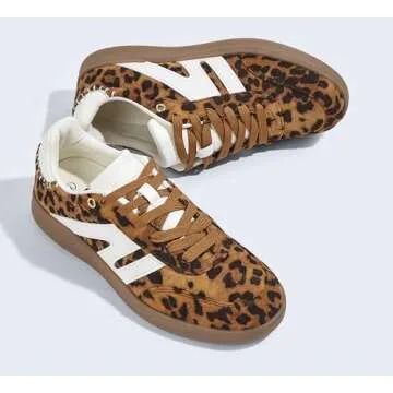 LUCKY STEP Women Classic Retro Gum Sole Fashion Sneakers Casual Tennis Skate Shoe Genuine Leather Walking Footwear Anti Slip Trainers(Leopard,9)