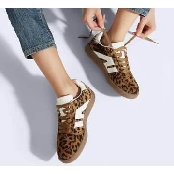 LUCKY STEP Women Classic Retro Gum Sole Fashion Sneakers Casual Tennis Skate Shoe Genuine Leather Walking Footwear Anti Slip Trainers(Leopard,9)