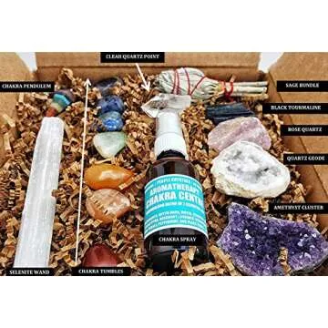 Premium Healing Crystals Full Gift Set/Includes 7 Chakra tumbles, Crystal Pendulum, Amethyst Cluster, Raw Rose Quartz, and Crystal Point/Bohemian Meditation Kit