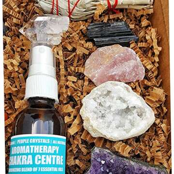 Premium Healing Crystals Full Gift Set/Includes 7 Chakra tumbles, Crystal Pendulum, Amethyst Cluster, Raw Rose Quartz, and Crystal Point/Bohemian Meditation Kit