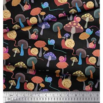 Soimoi Cotton Cambric Black Fabric - by The Yard - 42 Inch Wide - Colorful Snail & Mushroom Clip Art Wonderland - Playful Snails and Mushrooms in a Burst of Color Printed Fabric