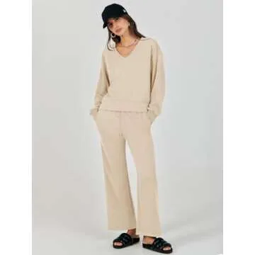 Caracilia Womens 2 Piece Outfits Long Sleeve Oversized Sweatshirt Sweatpants Tracksuit Sweat Lounge Sets Fall Trendy Clothes Almond Medium