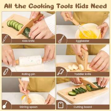 LUOLAO Wooden Kids Safe Knife and Kids Baking Set for Real Cooking, 6 PCS Toddler Montessori Kitchen...