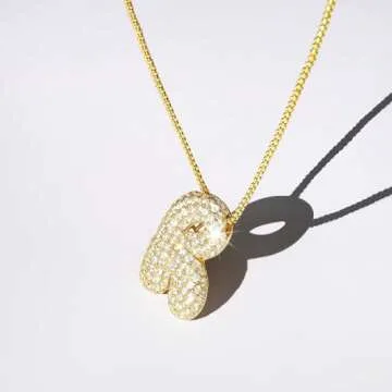 AGGRAD Bubble Letter Necklace 14k Gold Plated Balloon Initial Diamond Pendant Chain Necklace Dainty Pave Fashion Jewelry Gift for Women Teen - B