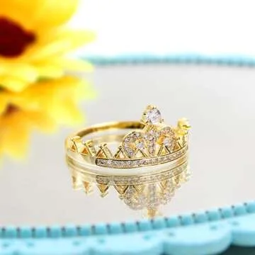 Uloveido Gold Plated Round Cut White Cubic Zirconia Princess Crown Ring Valentine's Day Gift For Her (Gold Size 6) Y1227