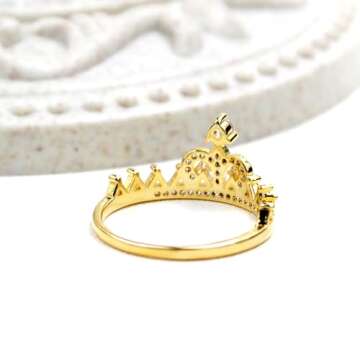 Uloveido Gold Plated Round Cut White Cubic Zirconia Princess Crown Ring Valentine's Day Gift For Her (Gold Size 6) Y1227
