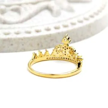 Uloveido Gold Plated Round Cut White Cubic Zirconia Princess Crown Ring Valentine's Day Gift For Her (Gold Size 6) Y1227