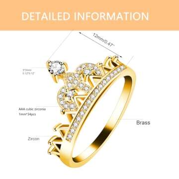 Uloveido Gold Plated Round Cut White Cubic Zirconia Princess Crown Ring Valentine's Day Gift For Her (Gold Size 6) Y1227