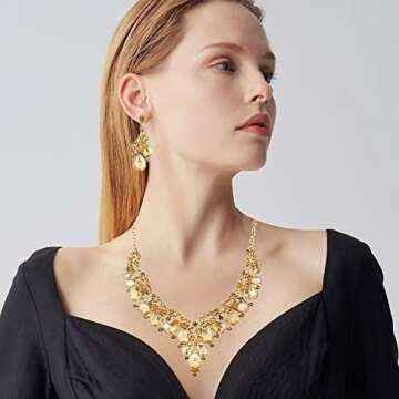 Jewelry Set for Women, Statement Necklace Dangle Earrings Bracelet Ring, White/KC Gold Plated Jewelry Set with Rhinestone Pearl Crystal Wedding Party Jewelry for Bridal Bridesmaid, Alloy, crystal